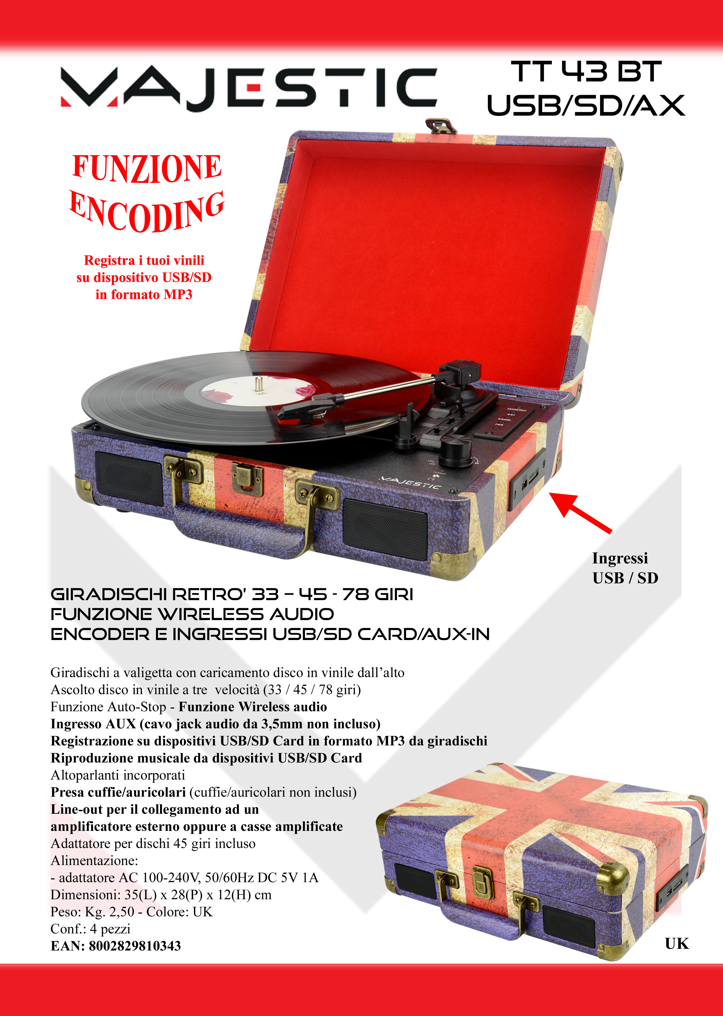 MAJESTIC TT43BTUSBSDAXUK - Majestic Vintage Bluetooth Plattenspieler
