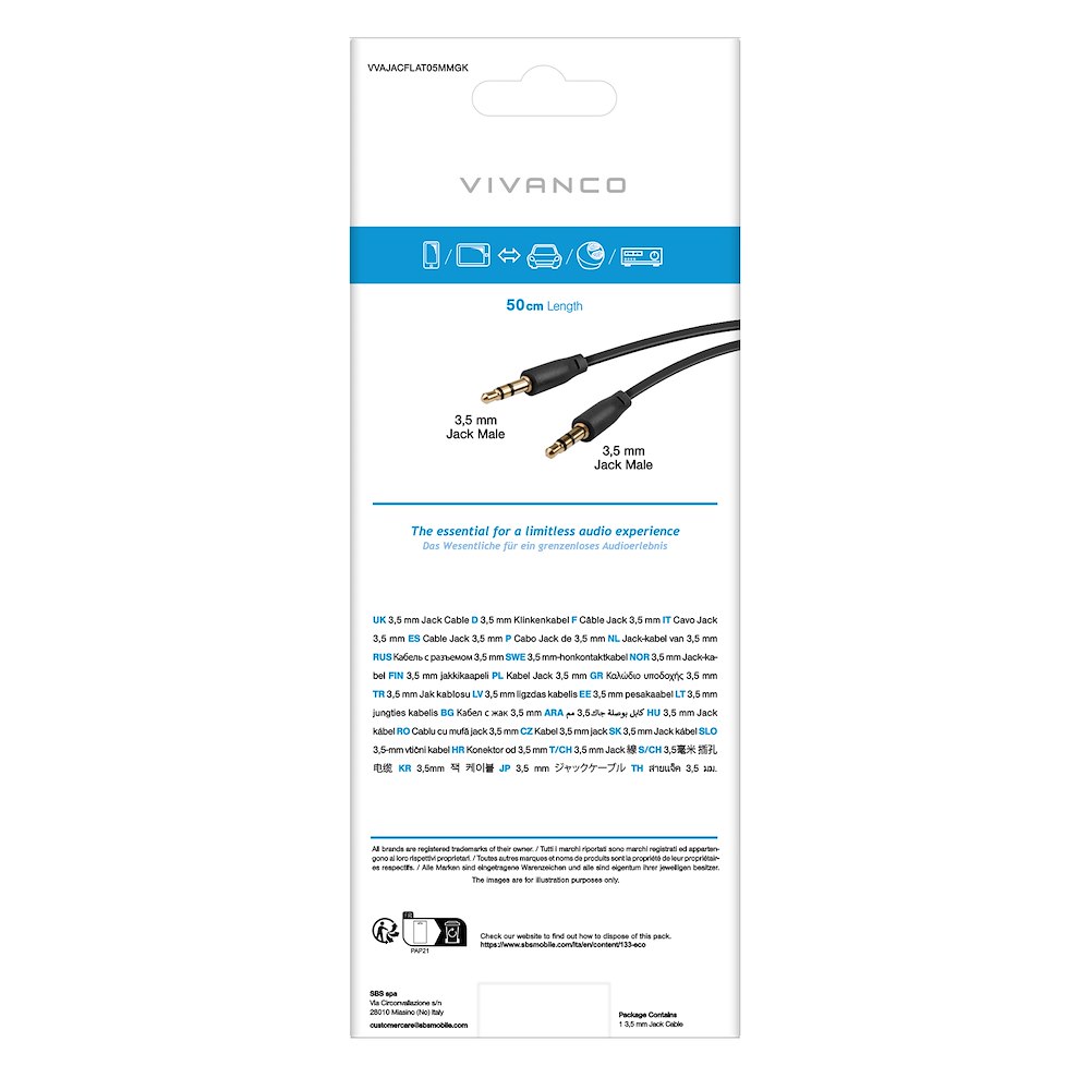 VIVANCO VVAJACFLAT05MMGK - 0.5m Audio Jack Kabel