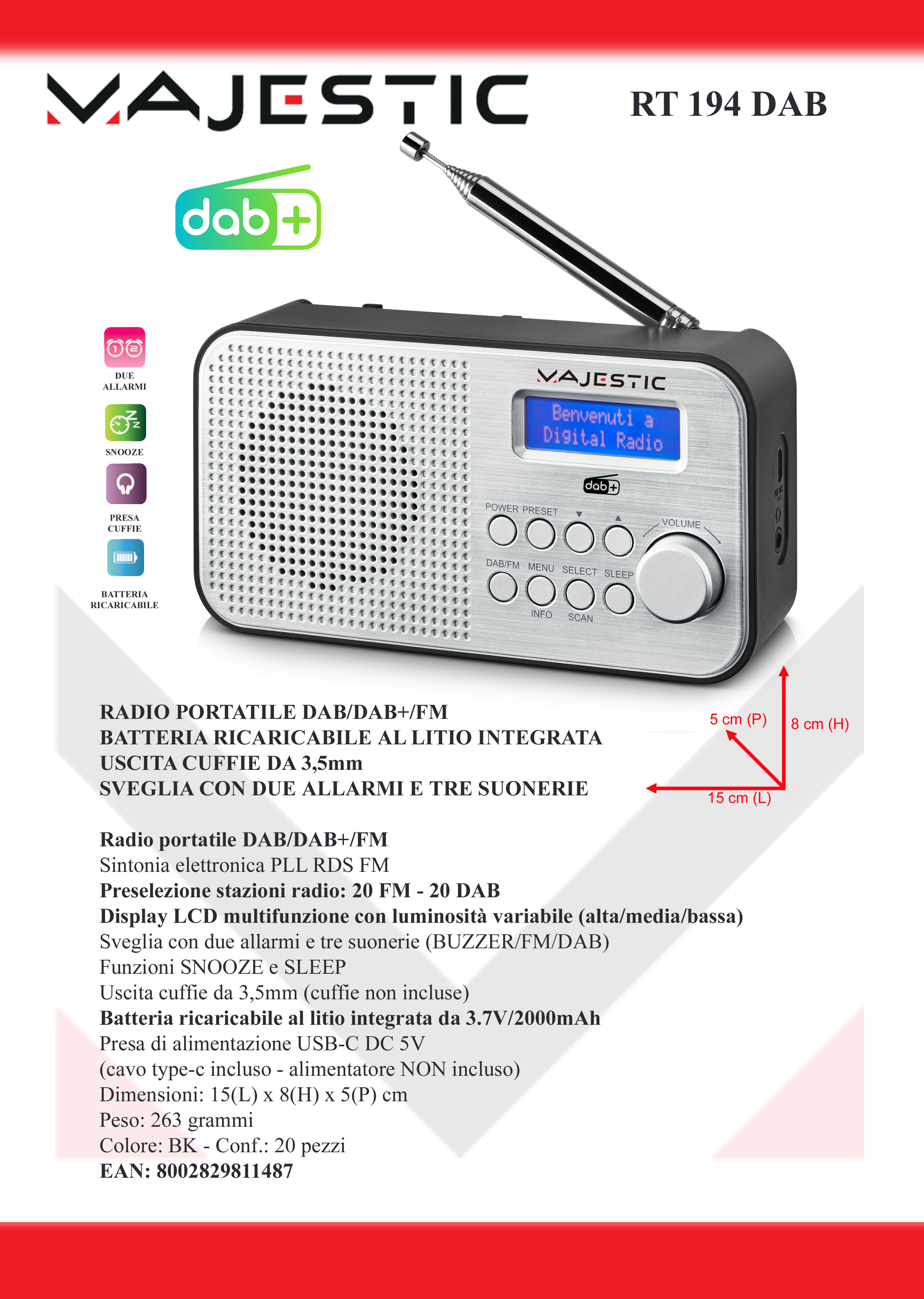 MAJESTIC RT194DAB - Tragbare DAB FM Wecker Radio