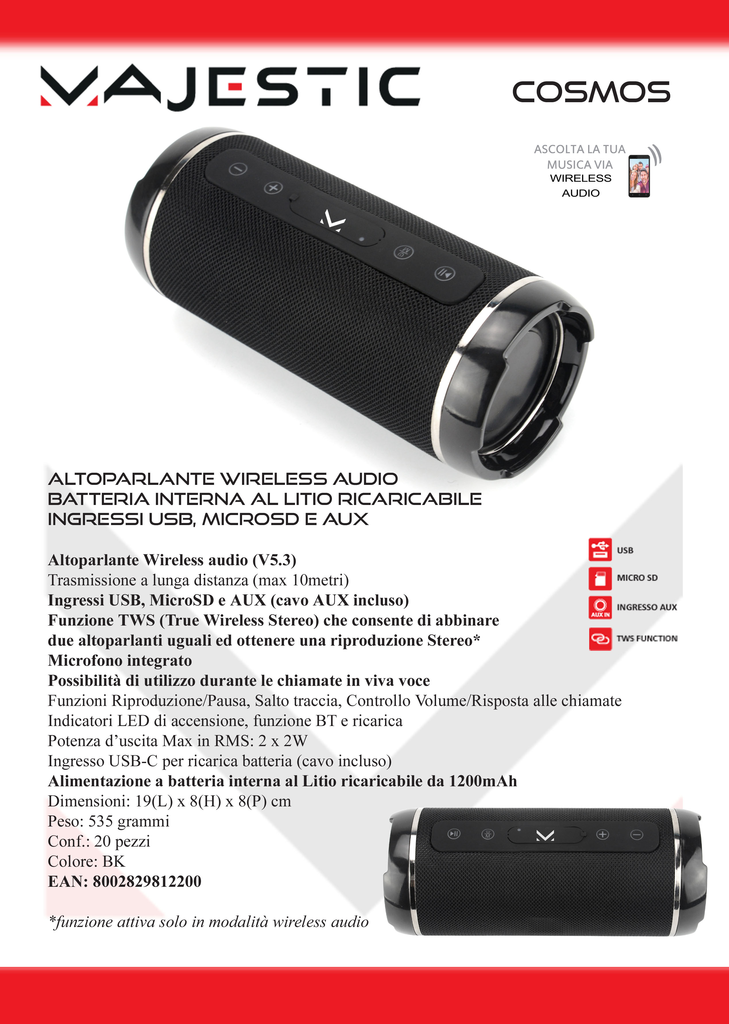 MAJESTIC COSMOSBLACK - Majestic COSMOS Tragbarer Bluetooth Lautsprecher