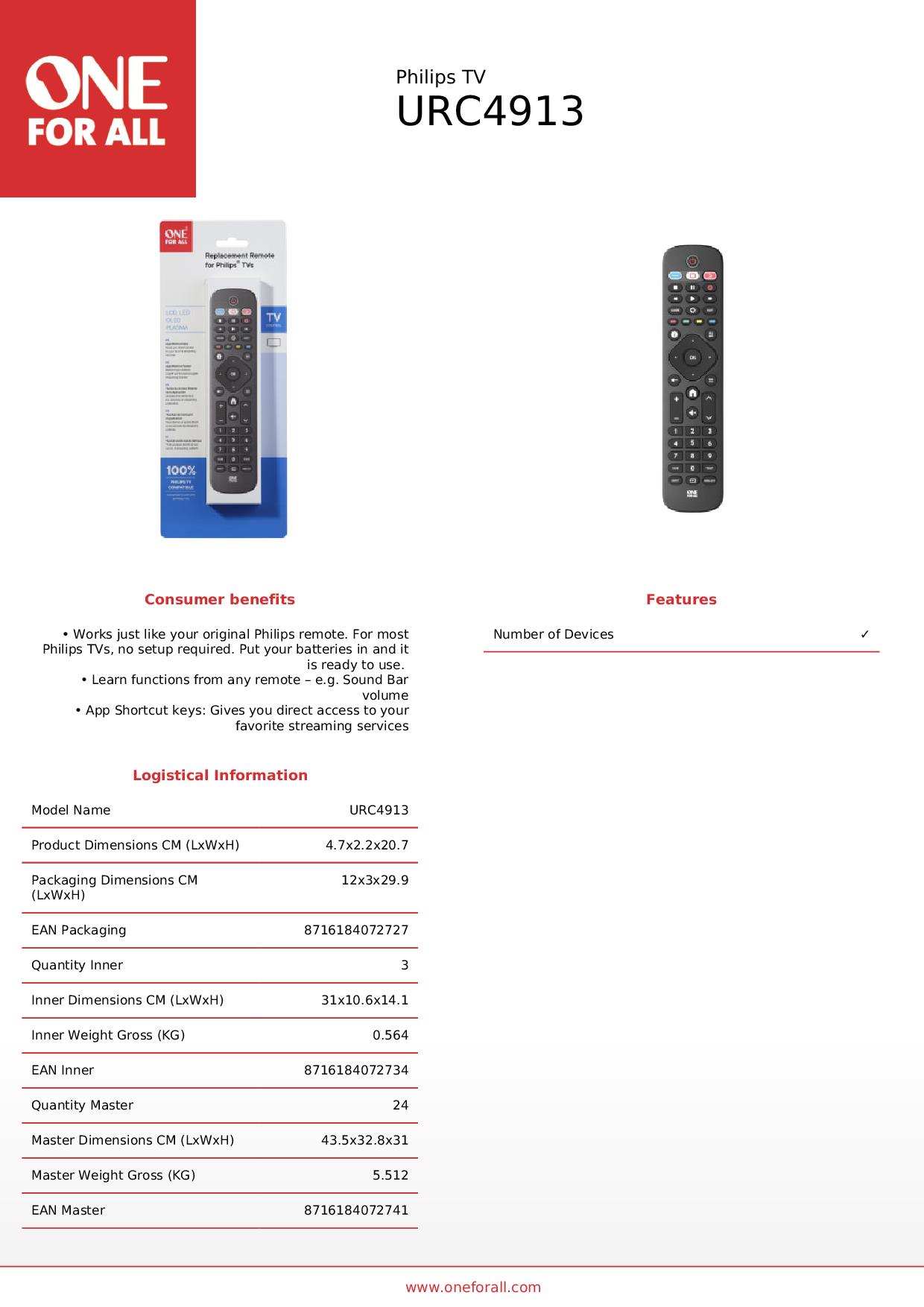 ONE FOR ALL URC4913 - One For All Universalfernbedienung für Philips