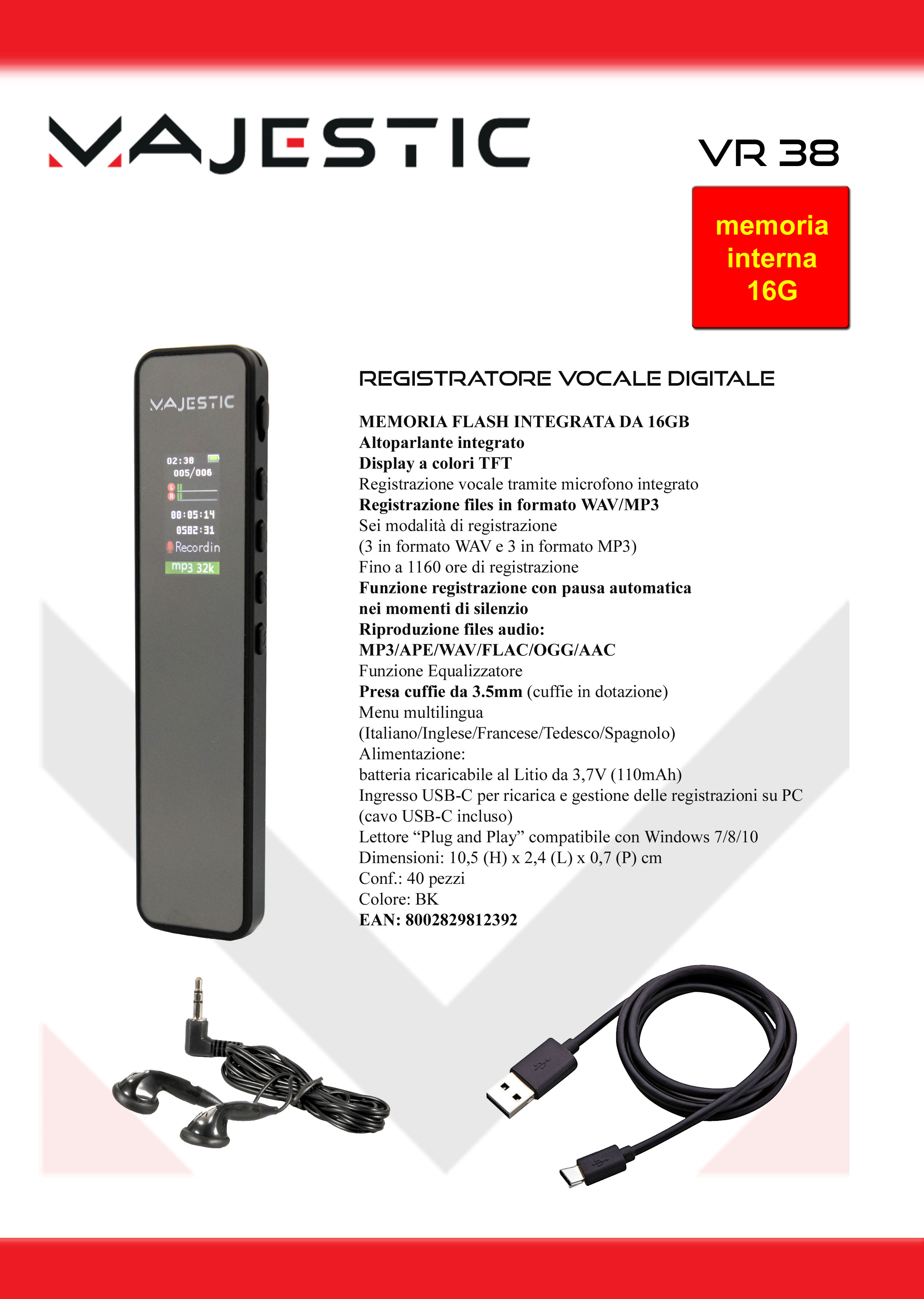 MAJESTIC VR38 - Digitale Sprachaufnahmegerät 16GB