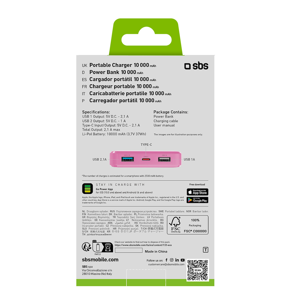 SBS TTBB10000FASTP - 10000mAh Powerbank Rosa