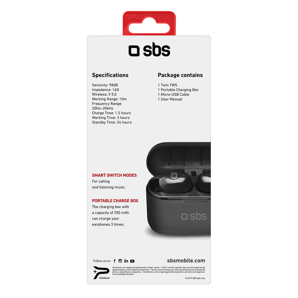 SBS TEEARBT390TWSK - TWS BT390 Lite Drahtlose Kopfhörer Schwarz