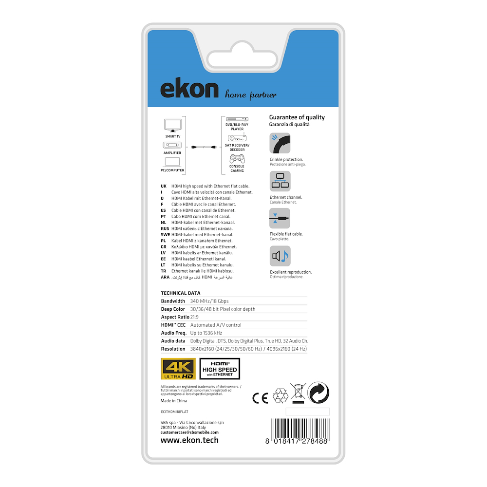 EKON ECITHDMI18FLAT - HDMI-Flachkabel 1,8 Meter MM