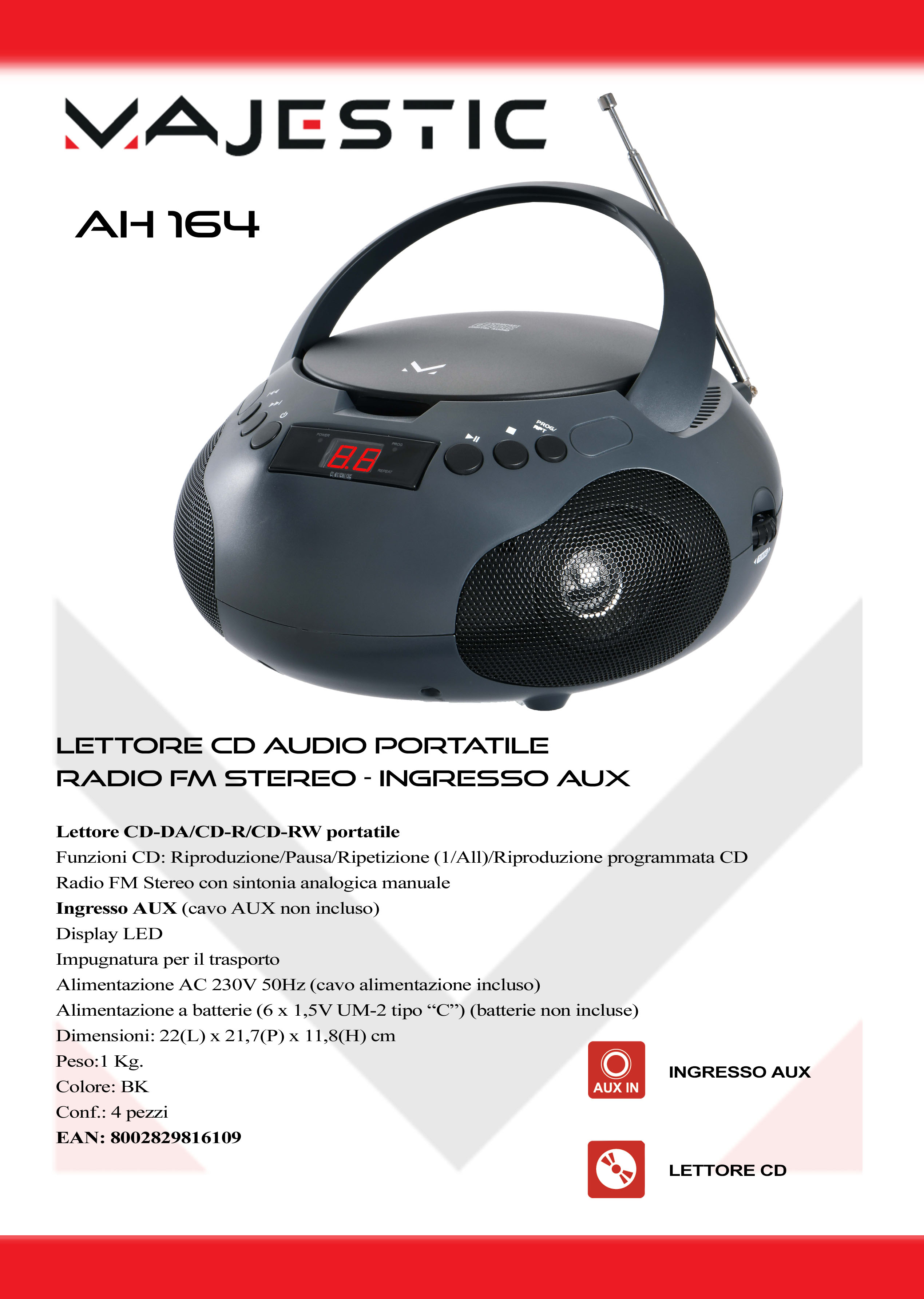 MAJESTIC AH164 - AH164 Tragbarer CD-Player mit Radio