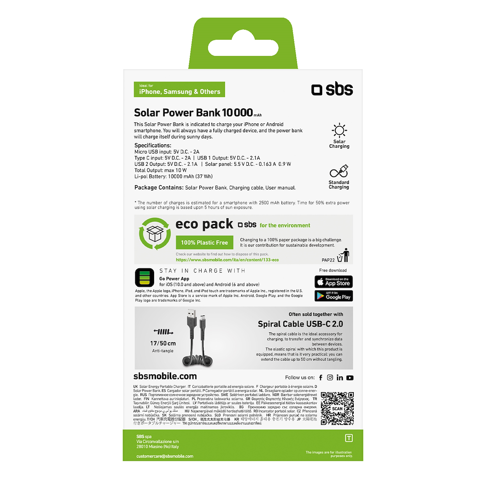 SBS TTBB10000SK - Power Bank 10000mAh mit Solarpanel