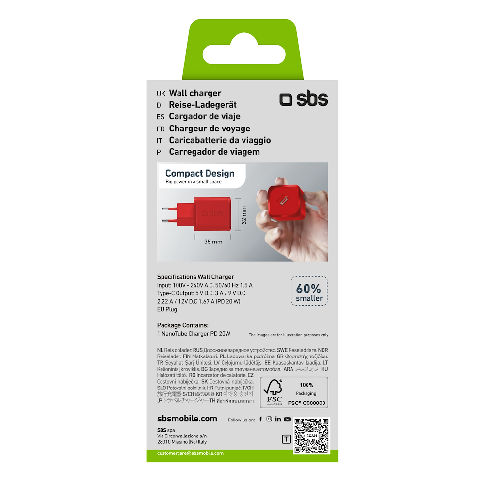 SBS TETRGAN1C20R - TETRGAN1C20R 0659698 CARICABATT.RETE GAN WALL 1X TYPE-C PD 20W ROSSO