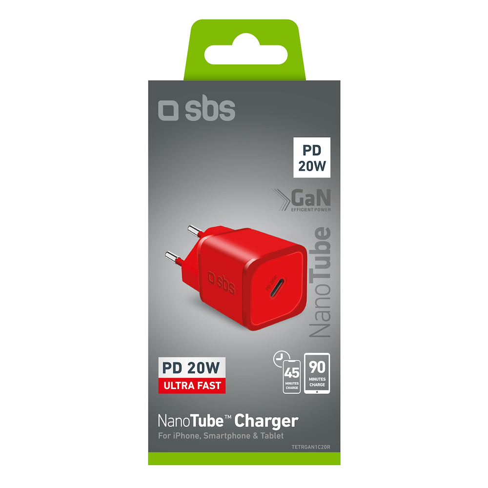 SBS TETRGAN1C20R - TETRGAN1C20R 0659698 CARICABATT.RETE GAN WALL 1X TYPE-C PD 20W ROSSO
