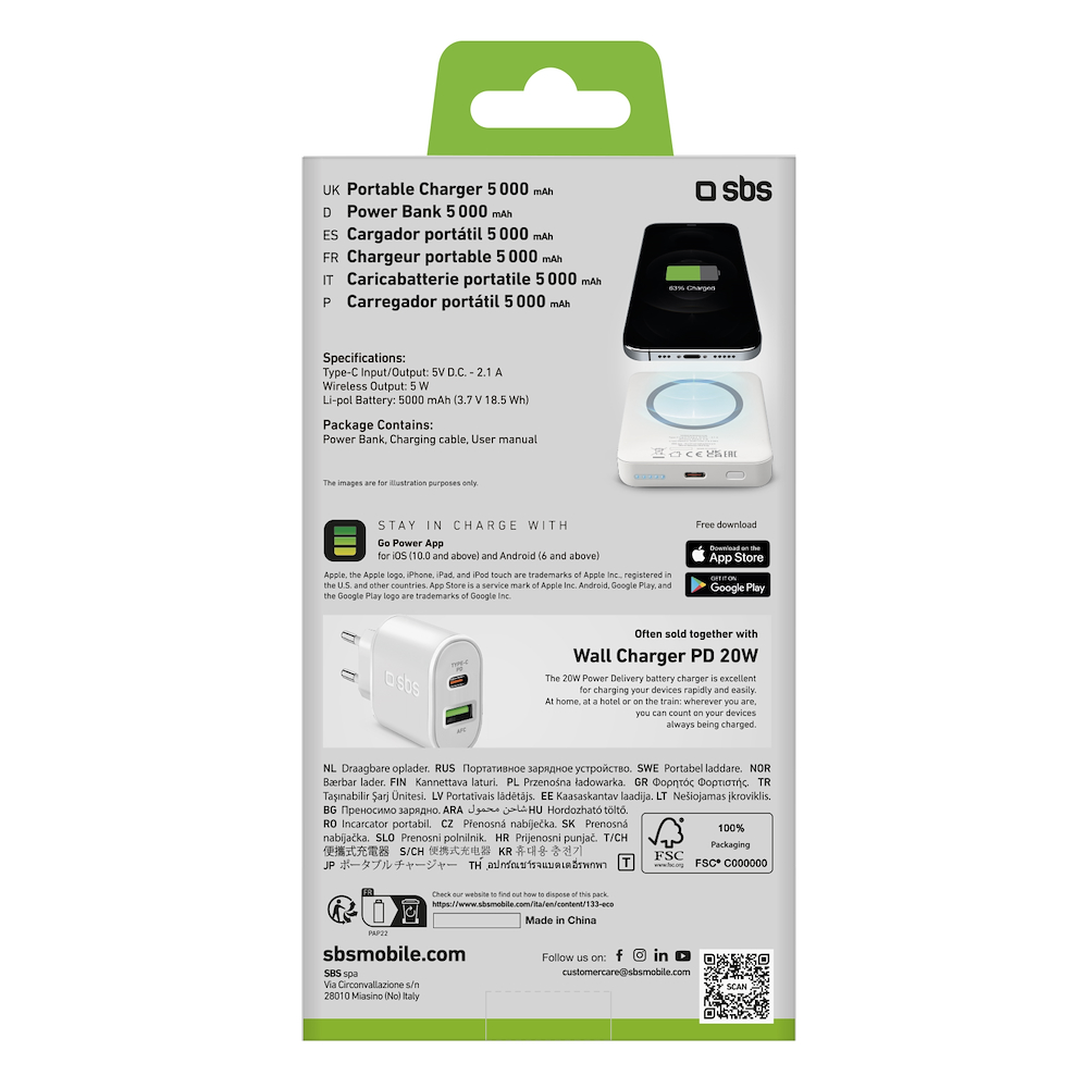 SBS TEBB5000MAG1CW - 5000mAh USB-C Wireless Powerbank