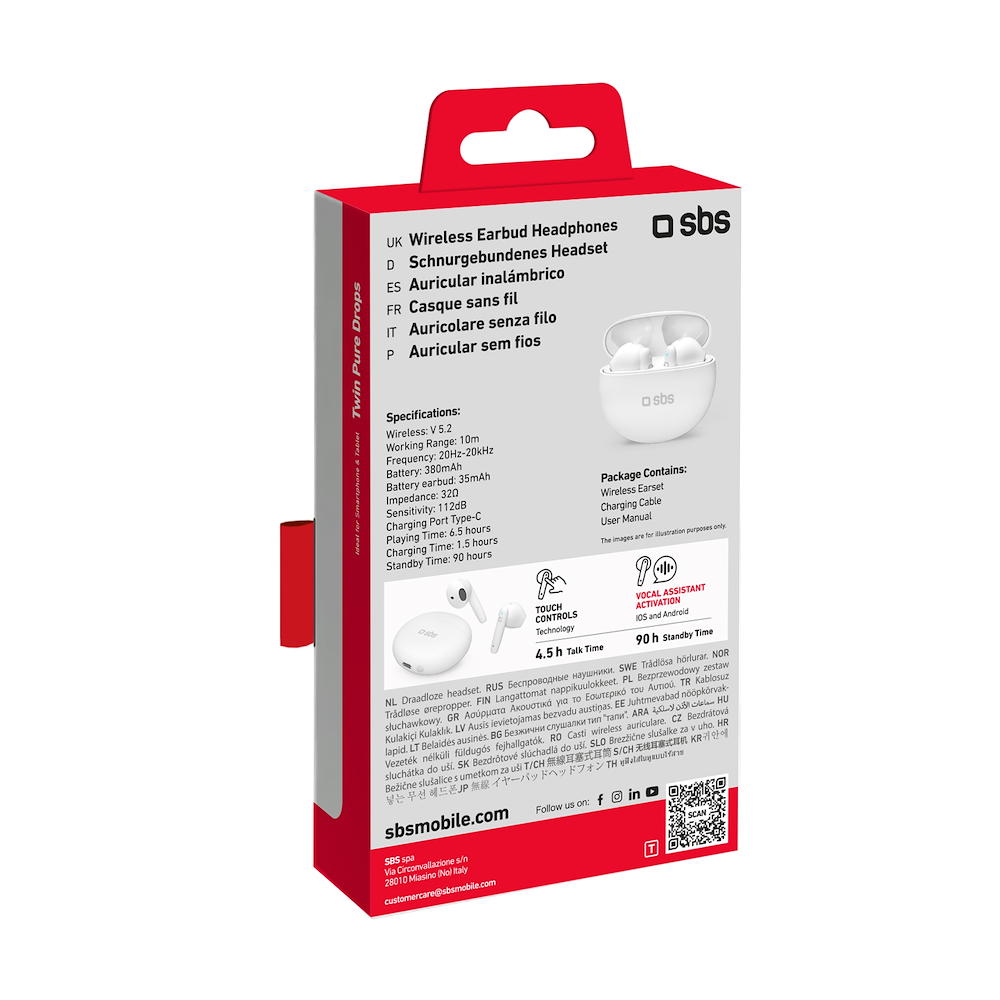 SBS TEEARPURDTWSBTW - TWS Pure Drops Kopfhörer Weiß
