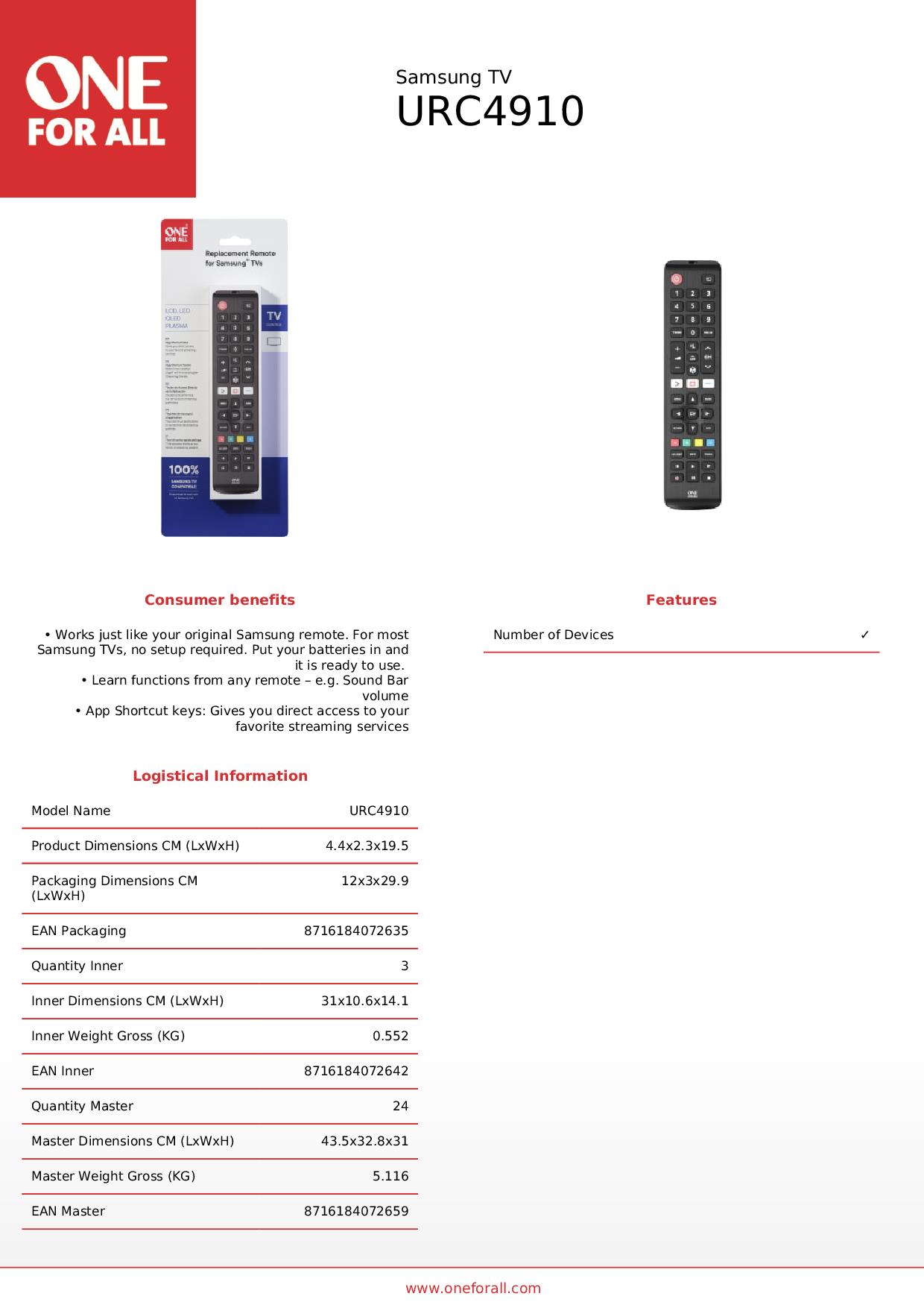 ONE FOR ALL URC4910 - Universelle Fernbedienung für Samsung TV