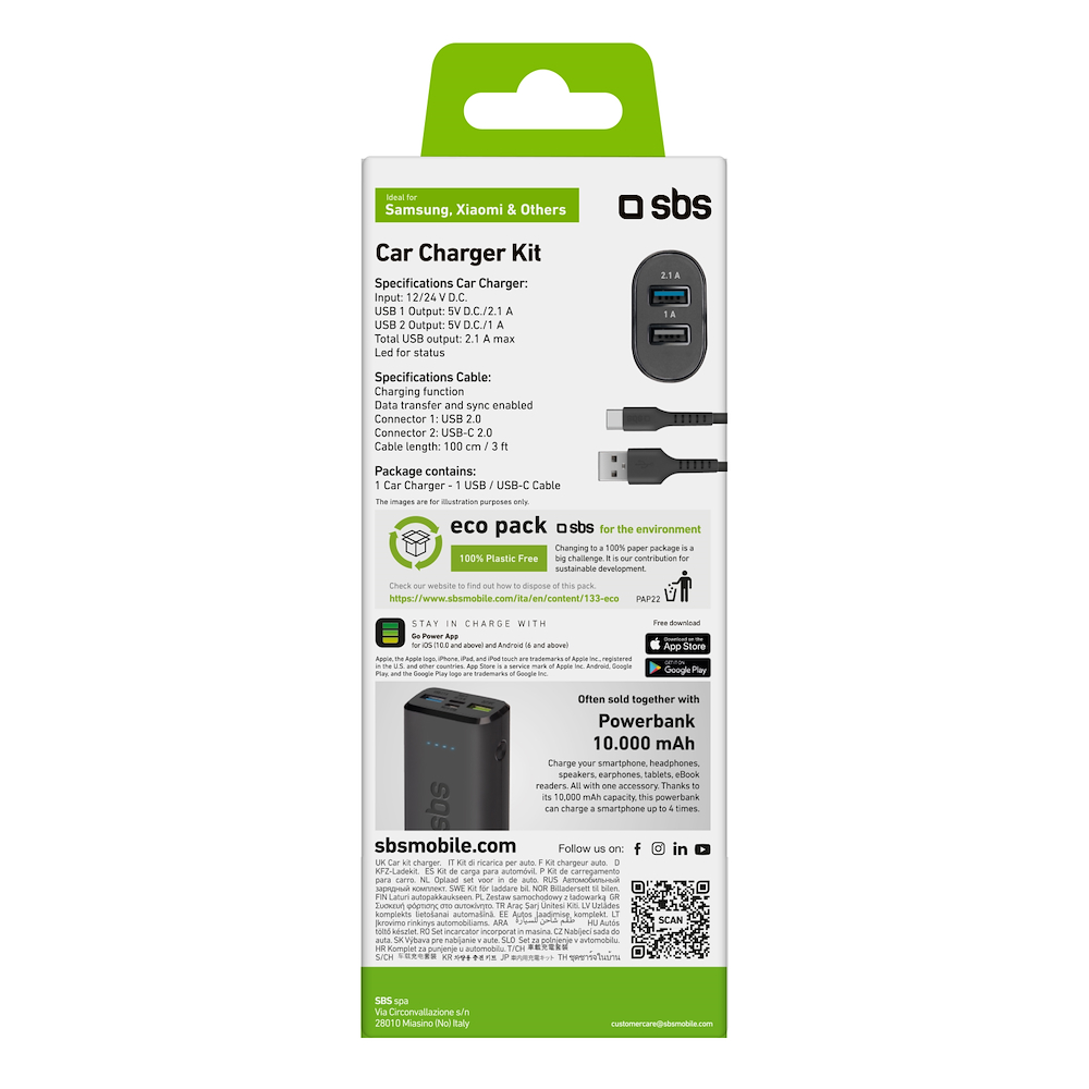 SBS TEKITCRC2U21AUL - 10W Auto Ladegerät mit 2USB und Kabel