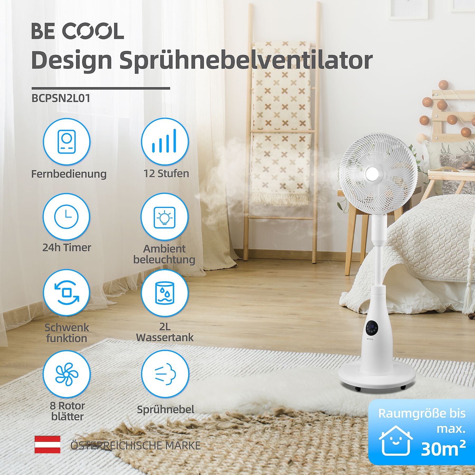 BE COOL BCPSN2L01 - Premium Sprühnebel Standventilator
