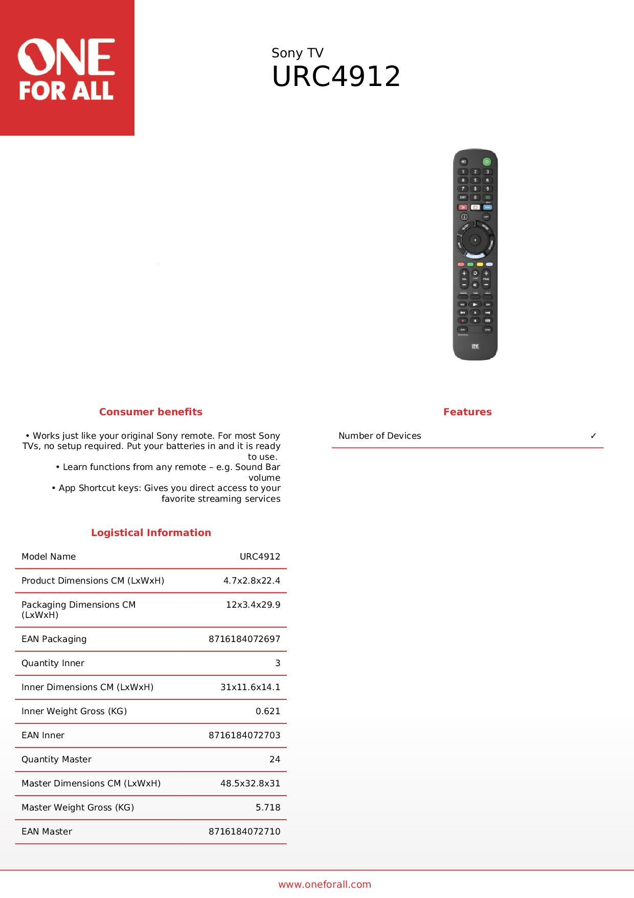 ONE FOR ALL URC4912 - One For All Ersatzfernbedienung für Sony TV