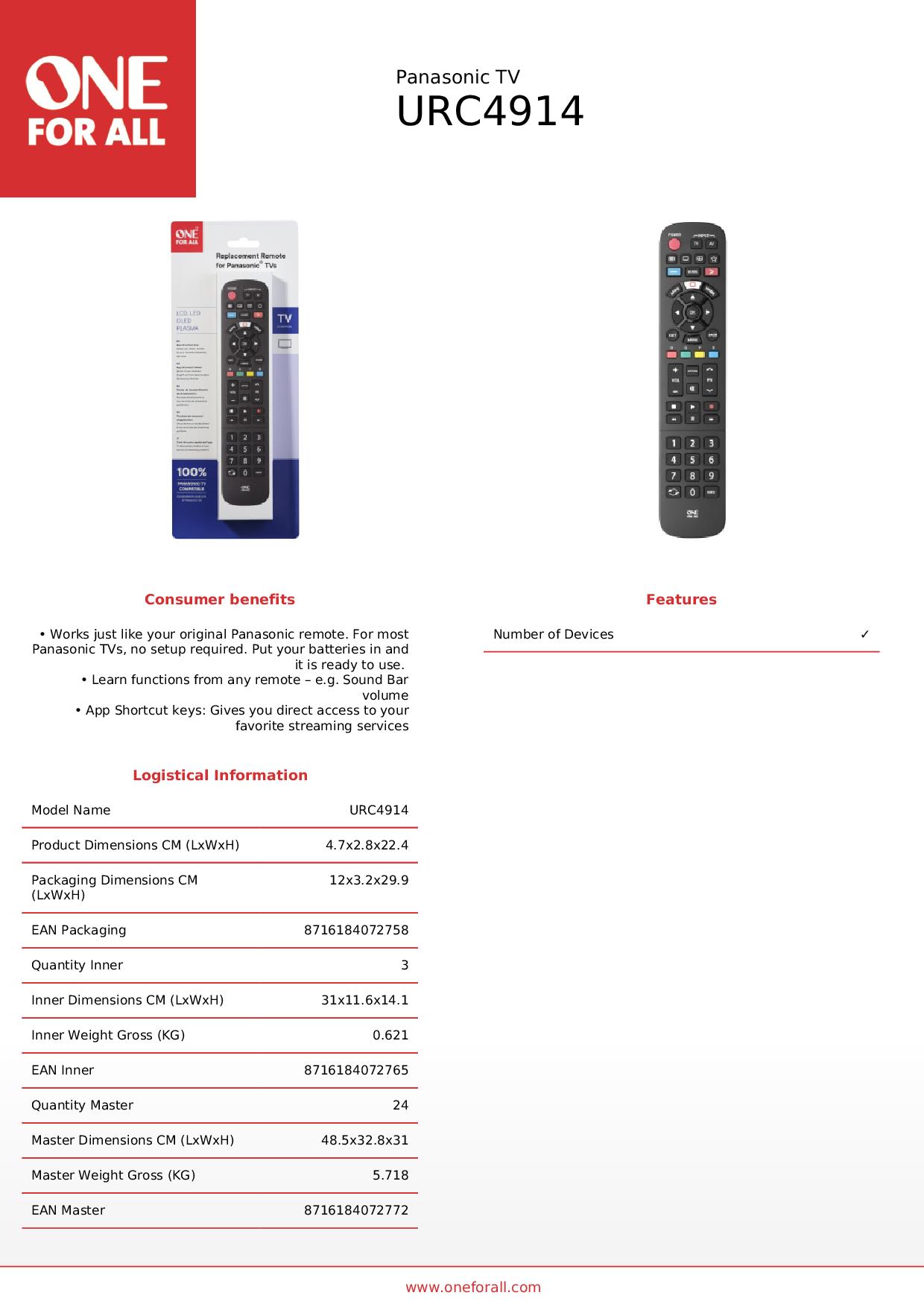 ONE FOR ALL URC4914 - Ersatzfernbedienung für Panasonic TV