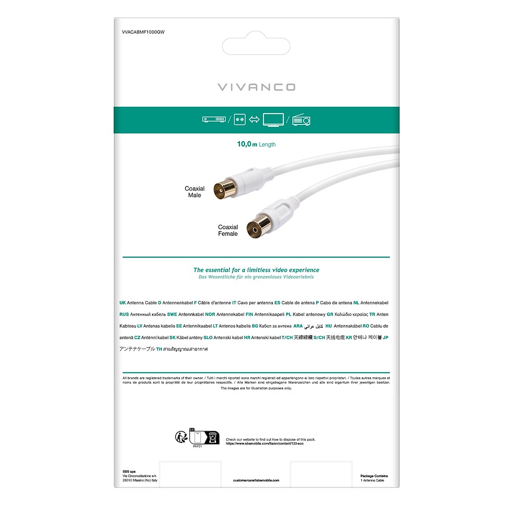 VIVANCO VVACABMF1000GW - Antennenkabel M-F Gold 10m