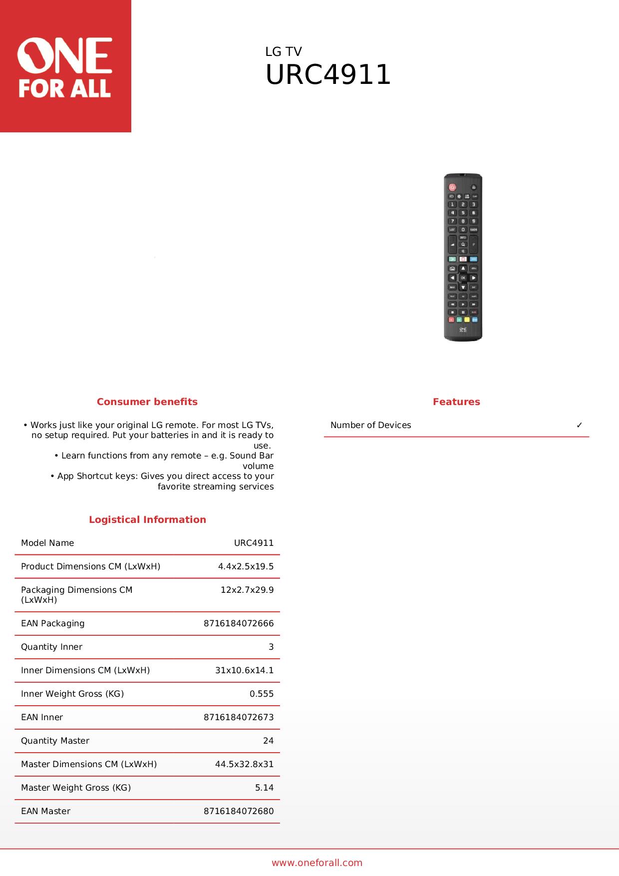 ONE FOR ALL URC4911 - Universelle LG Fernseher Fernbedienung