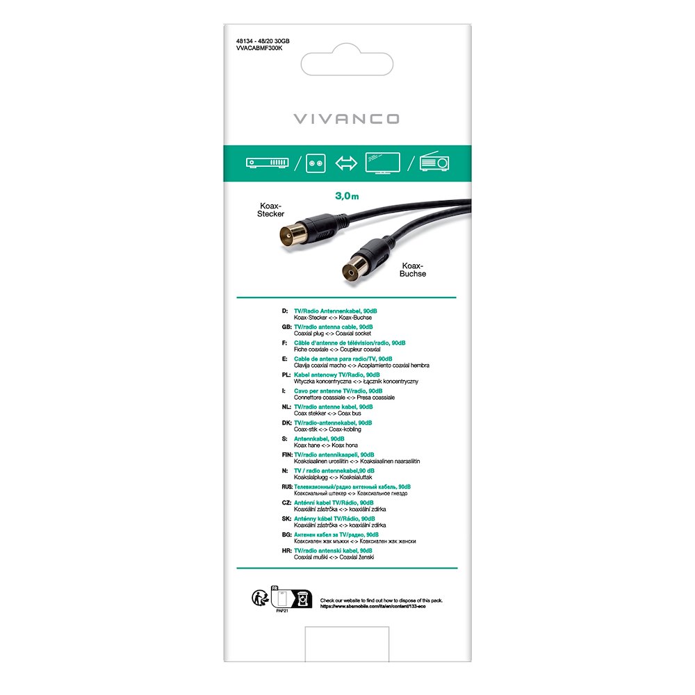 VIVANCO VVACABMF300K - Koaxialkabel für Antenne 3M