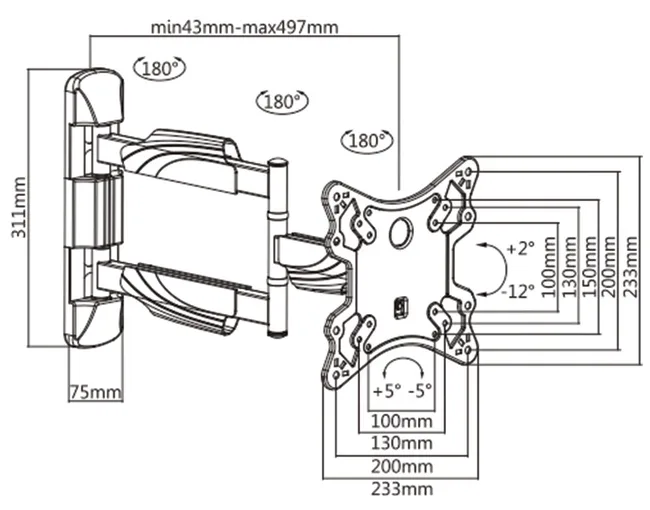 MUNARI SP322 - SP322 – Schwenkbare TV-Wandhalterung für Fernseher bis 50 Zoll (127 cm)